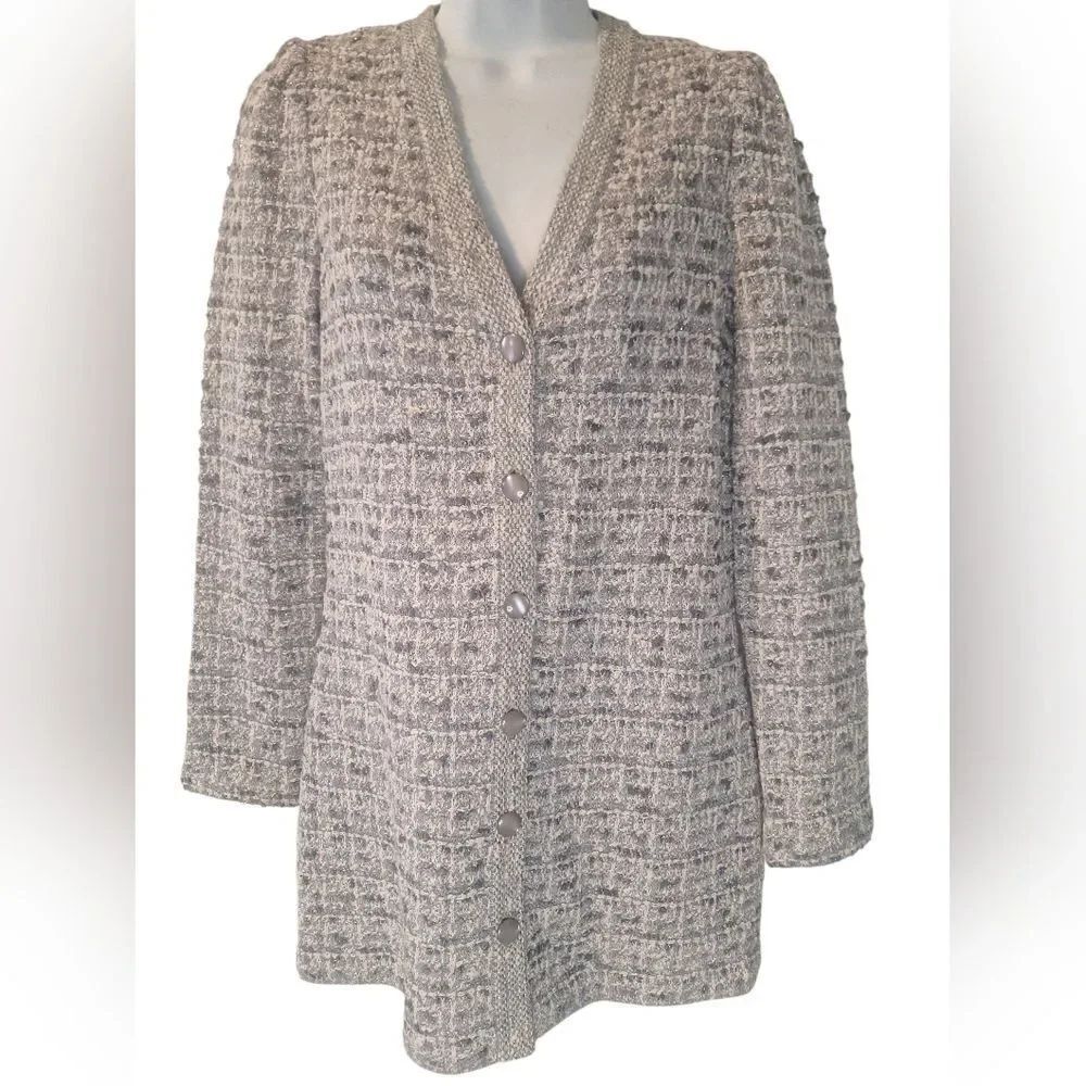 ST JOHN light grey Melang multi V neck button front cardigan P